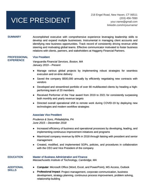Vice President Operations Resume Examples in Word Format Free Download