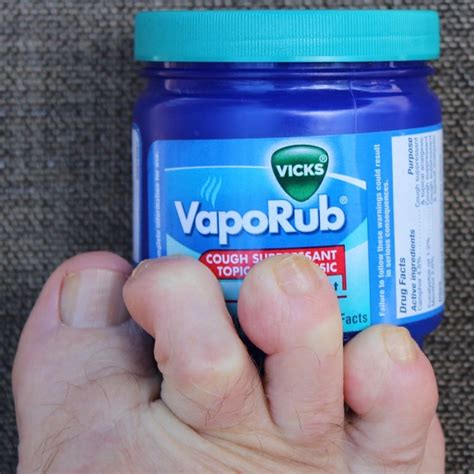 Vicks vaporub uses on feet. The main ingredients of Vicks VapoRub include camphor 4.8%, eucalyptus oil, menthol 2.6%, thymol, and several other ingredients. 3 Thymol, or 5-methyl-2- (1-methylethyl) phenol, is a phenol derivative that can have antiseptic and preservative properties. It is found in sunscreens, hair dye, and a wide variety of other topical formulations. 