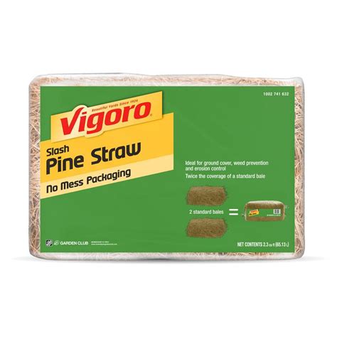 Vigoro pine straw. This long leaf pine straw is a great alternative to traditional square bales or rolls. Equivalent to two square bales, you can avoid busted bales with this convenient bag that is easy to store and carry. 