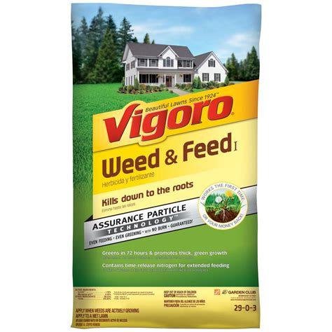 Vigro weed and feed. Apply Vigoro Fall Weed and Feed I in the Fall to treat dandelions and other major lawn weeds for a better Spring lawn. Its Assurance Particle Technology provides even feeding for an even greening with no burn, guaranteed! Feeds up to 5,000 sq. ft. of lawn to build strong, deep roots for Winter. 