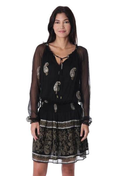 Vijay Singh Paisley Sheer Ruched Tunic Dress w/ Glass …