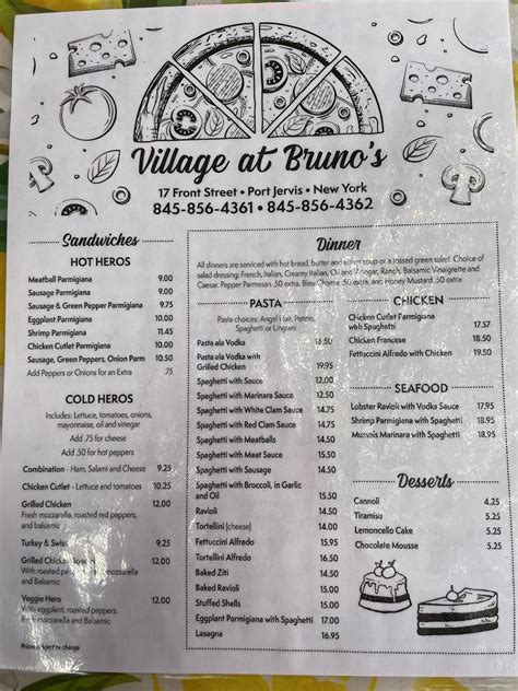 Village at bruno's pizza restaurant port jervis menu. View the online menu of The Bagel Barn and other restaurants in Port Jervis, New York. ... « Back To Port Jervis, NY. 0.17 mi. Bagels, Cafes $$ (845) 310-7856. 31 Pike St, Port Jervis, NY 12771. Hours. Mon. 6:00am-3:00pm. Tue. 6:00am-3:00pm ... Nearby Eats. SL1CE Pizzeria Pizza 0.00 mi away. Woogies Deli Delis, Coffee & Tea 0.03 mi away ... 