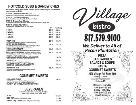 Village bistro. Thin sliced beef served with onions, bell peppers and topped with melted cheddar cheese sauce. 6in $7.79 | 12in $12.29. 