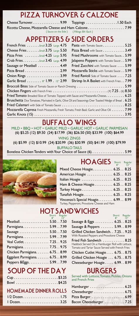 Vincenzo's $$ Opens at 11:00 AM. 38 Tripadvisor reviews (609) 835-9111. Website. More. Directions Advertisement. 23 Charleston Rd ... Vincenzo's in Willingboro, NJ offers a diverse menu featuring a variety of appetizers, salads, sandwiches, pizzas, and homemade sauces, along with a selection of desserts and beverages. .... 