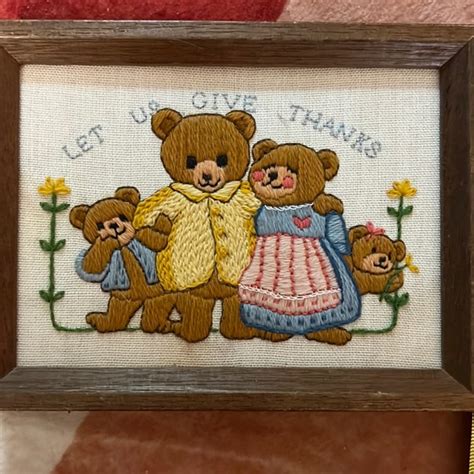 Vintage 80s Teddy Bear Family Let Us Give Thanks Crewel Art