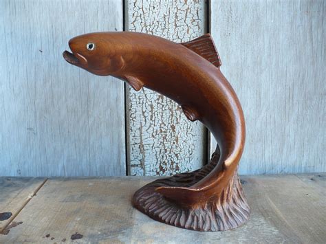 Vintage Brown Carved Fish Statue On Wood Block MADE In …