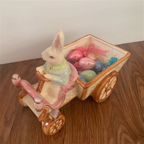 Vintage Department 56 Bunny Rabbit Driving Antique Car Cart