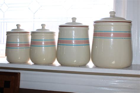 Vintage Kitchen Canister Set McCoy Stonecraft Pink and Blue Stripes