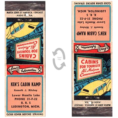 Vintage Matchbook Cover Kens Cabin Camp Hamlin Lake …