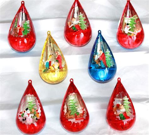 Mid Century Group of 7 Plastic Ornaments Disco Ball, Bells, Stripe