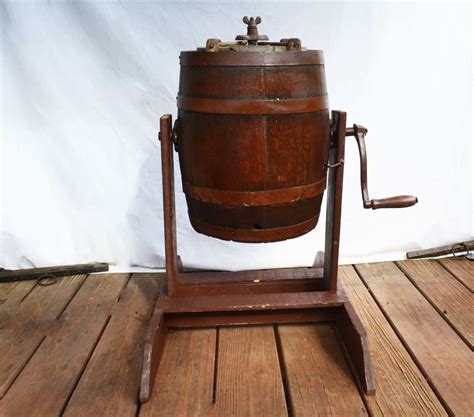 These churns were made by the Vermont Farm Machine Company of Bellows Falls, Vermont. This is a size 2 or 10 gallon capacity designed to churn 5 gallons of cream. This size butter churn was listed at $8.00 in an 1889 catalog from the company. They were still sold in 1913 and the price had increased by one dollar.. 