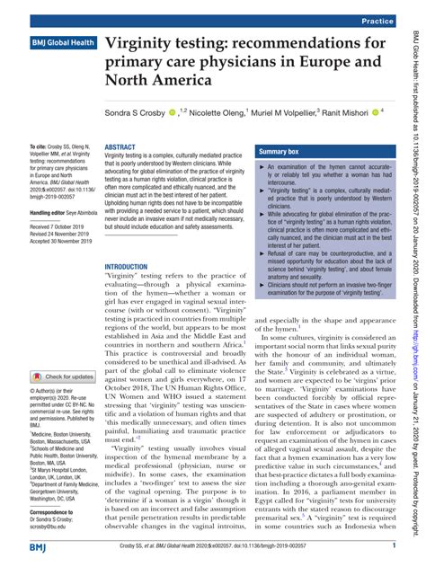 Virginity check.  Although physicians have noted the unreliability of this t...