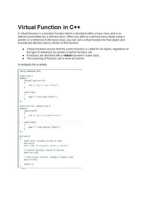 Virtual Function in C++ with Examples Virtual function in C++ C++