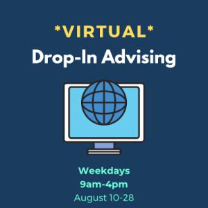 VIRTUAL. Meet with a Student Services Academic Advisor for a 20 minute session by clicking the link below. You will be added to the drop-in queue. If the Zoom room is locked, we have reached waiting room capacity; please try again at a later time. Virtual Drop-In Hours. MONDAY: 2:00pm to 3:30pm; TUESDAY: 2:00pm to 3:30pm; THURSDAY: 10:00am to .... 