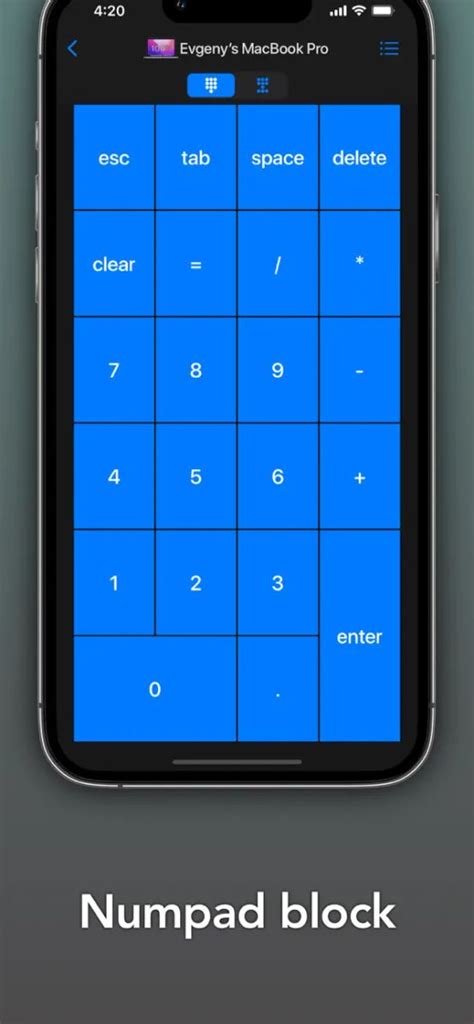 Virtual keypad app. If you work in Excel, Numbers, or any other professional application on your computer, this app is for you. Turn your iPhone or iPad into a powerful and elegant keyboard extension with numbers and navigation pads. Create custom keypads for your professional tools to boost productivity. Move freely and control your computer from across the room. 