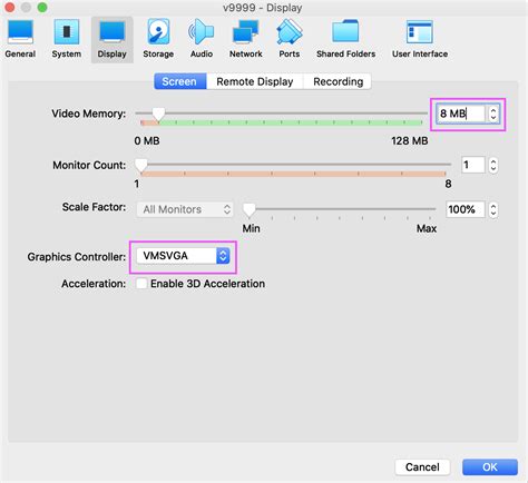 Virtualbox graphics settings.  Additional video 3.  Display settings Video memory ...