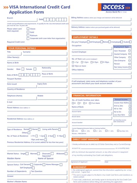 Visa International Application Form Credit Card Financial Transaction