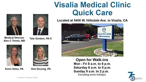 Top 10 Best Walk-in Clinics Near Visalia, California. 1 . Immediate Care Center. “The best walk-in clinic I've ever been to. Clean for starters. Everyone is so nice, friendly and...” more. 2 . Kaweah Health Urgent Care - Demaree. “Made an online appointment with an estimated time set (for same day ).
