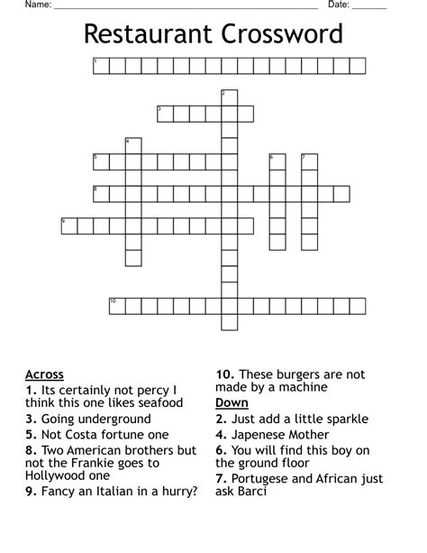The Crossword Solver found 30 answers to "Visit a restaurant (3,3)", 6 letters crossword clue. The Crossword Solver finds answers to classic crosswords and cryptic crossword puzzles. Enter the length or pattern for better results. Click the answer to find similar crossword clues . Enter a Crossword Clue. Sort by Length. # of Letters or Pattern.. 