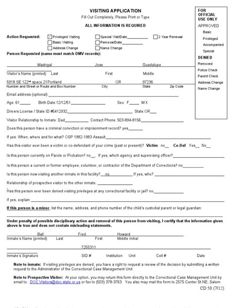 Visiting Application DOC.Visitorsdoc.state.or.us Prison