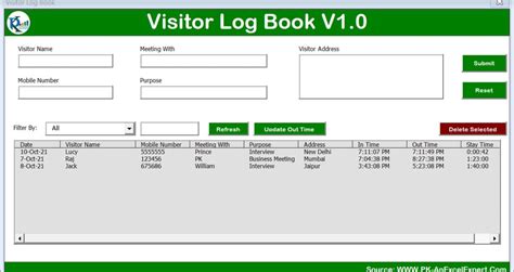 Visitor Log Book in Excel VBA PK An Excel Expert