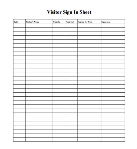 Visitor Log In Sheet Template Collection