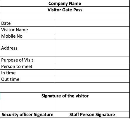 Visitor id card format in excel.  The document is a visitor gate pass tem...