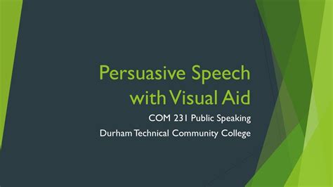Visual aid for persuasive speech. Posters and flip charts have a significant advantage over drawing on the board in the front of the room, since you can prepare the visual in advance at your leisure and fine-tune it before the speech. Posters and flip charts can be used for any words or graphics that you want the entire audience to see. These items are also helpful if you want ... 