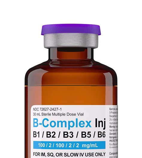 Vitamin B-Complex Injection · Strength: B1 (Thiamine HCl) 100 mg/mL, B2 (Riboflavin-5-Phosphate Sodium) 2 mg/mL, B3 (Niacinamide) 100 mg/mL, B5 (Dexpanthenol) 2 ...