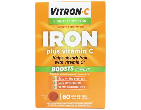 Viteen c. Vitron-C iron supplements contain carbonyl iron which provides gradual and gentle iron absorption and helps minimize constipation*. The added Vitamin C improves iron absorption*. Vitron-C iron with Vitamin C supplement is dye free, gluten free and vegan. Iron deficiency is a common type of nutritional deficiency in the United States. 