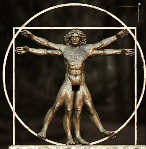 Vitruvian figure. In The Vitruvian Man, da Vinci places the human figure within a circle and a square simultaneously. This arrangement highlights how the proportions of the human body can correspond to both shapes harmoniously. The man’s outstretched arms touch the edges of the square while his feet are firmly planted on its base. 