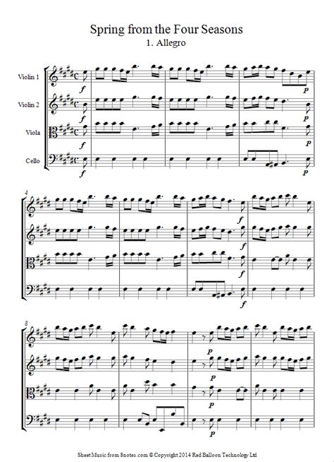 Vivaldi Spring from the Four Seasons sheet music for String Quartet