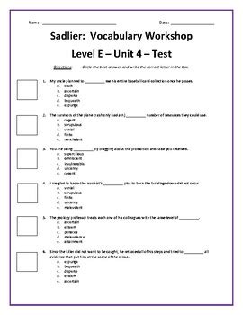 Vocab unit 4 level e answers. Vocabulary Workshop Level E Unit 11 Answers. 4.2 (26 reviews) Flashcards; Learn; Test; Match; ... 100% CORRECT ANSWERS for Sadlier Vocabulary Workshop Level E ... 