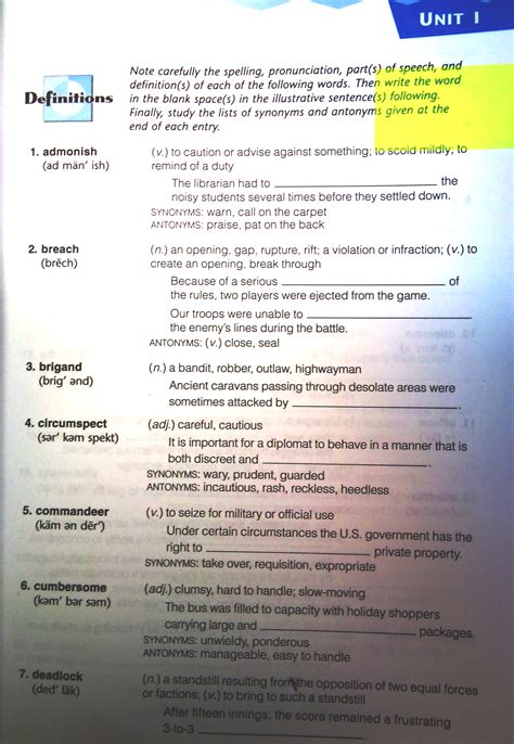 Vocab unit 5 level e answers. New Reading Passages open each Unit of VOCABULARY WORKSHOP. At least 15 of the the 20 Unit vocabulary words appear in each Passage. Students read the words in context in informational texts to activate prior knowledge and then apply what they learn throughout the Unit, providing practice in critical-reading skills. 