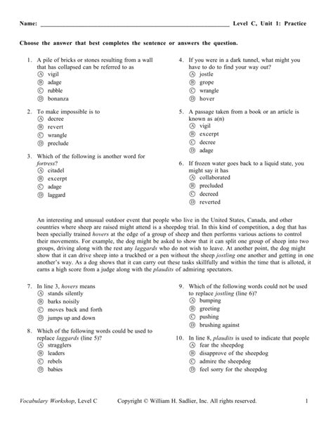 Vocabulary Workshop Level C Unit 12 Completing the Sentence. 20 terms. KevinA730. Preview. E 11 Set 6. 22 terms. mseely33. Preview. Vocabulary for Train Travel. 49 terms. carlie_howell7. ... Vocabulary Unit 1 Level H. Teacher 20 terms. AlexiaBrown2025. Preview. unit 3 vocab. 20 terms. morganlieske7. Preview. Terms in this set (20). 