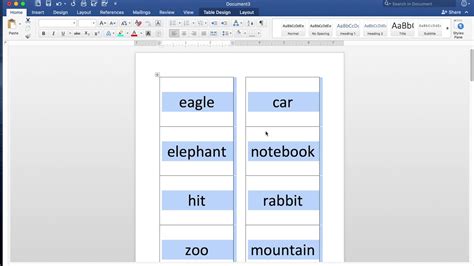 Vocabulary Flash Cards using MS Word