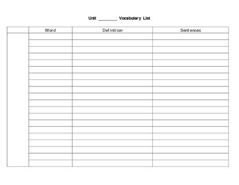 Vocabulary List Blank Grid Worksheet for 3rd 5th Grade Lesson