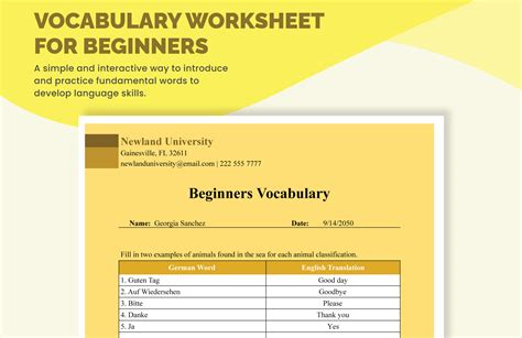 Vocabulary Worksheet for Beginners in Excel, Google Sheets Download