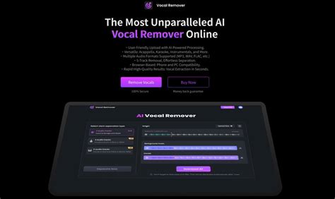 Once your song is uploaded, our artificial intelligence powered vocal remover processes it to separate the vocals from instrumentals. When the processing is finished, you get two or more outputs - a Karaoke version of your song (vocals removed) and its Vocals Only version (music removed). Lossless sound quality. Fast conversion takes only minutes.. 