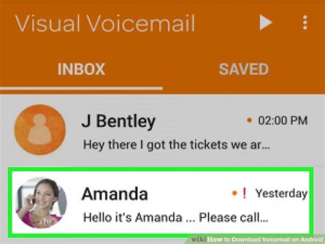 Voice message download for android.  Tapping a voicemail displays the playback opti...