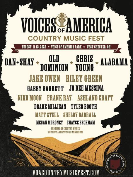 Voices of america country music fest. Aug 14, 2023 · Full name Voices of America Country Music Fest 2024. Dates Aug 9 - 11, 2024. Location West Chester, OH. Line up Jason Aldean, Keith Urban, Sam Hunt, more. Tickets Purchase here. Voices of America Country Music Fest will bring another phenomenal slew of country artists with its 2024 edition. The festival will return to West Chester, Ohio from ... 
