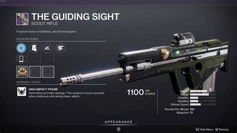 This strange-looking Scout Rifle can be picked up by completing activities in Dreaming City in Destiny 2. This is a Void weapon and could be found in many builds that came up right after the Void ...