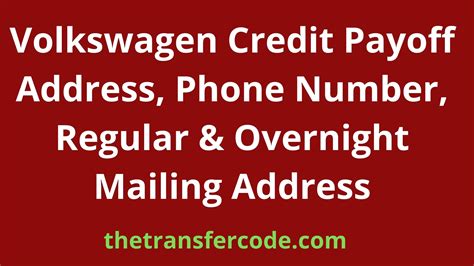 Volkswagen credit overnight payoff address. LA4‐4041. Fort Worth Texas 76101. Chase Auto Finance USA payoff address and phone number. PO Box. Overnight. Retail and lease payoff address. Chase Bank dealer and consumer payoff number. 