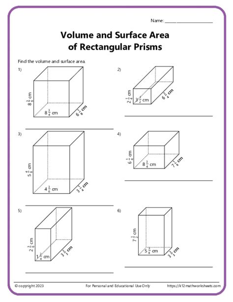 Volume And Surface Area Of Rectangular Prisms Worksheet