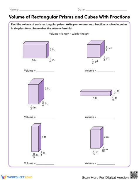 Volume of Rectangular Prisms and Cubes With Fractions Worksheet