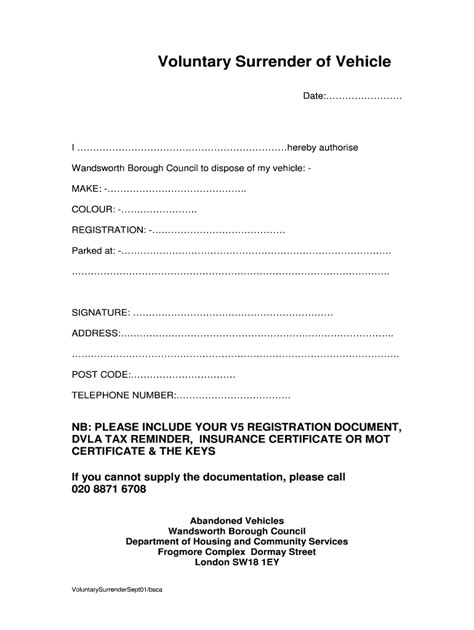 Voluntary Surrender of Vehicle Form Fill Out and Sign Printable PDF