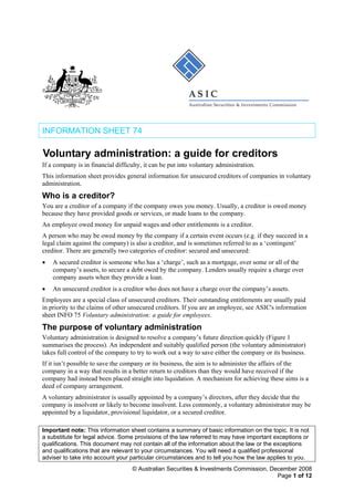 Voluntary administration asic.  This information sheet provides general information ...