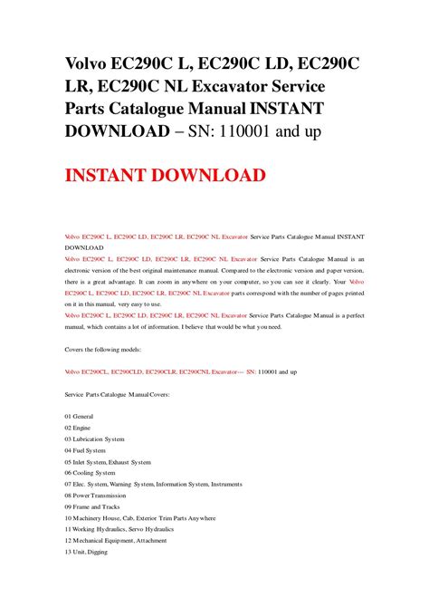 Volvo ec290c l ec290c ld ec290c lr ec290c nl excavator service parts catalogue manual instant download sn 110001 and up. - Allis chalmers d19 d 19 diesel tractor shop service repair manual download.
