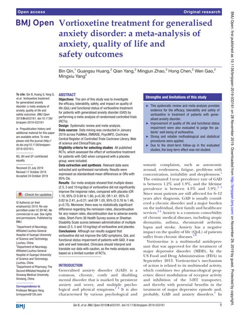 Vortioxetine Treatment for Anxiety Disorder: A Meta …