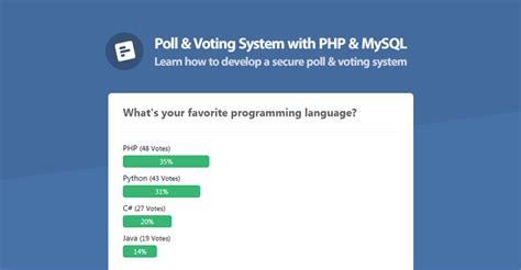 May 27, 2021 · 1.1. What You Will Learn in this Tutorial Form Design — Design a Poll and Voting app with HTML5 and CSS3. Poll System — Create a working poll system with PHP & MySQL (create polls, delete polls, and view polls). Voting System — Each poll will consist of answers that the user can select to cast a vote and subsequently view the result. . Votes.php